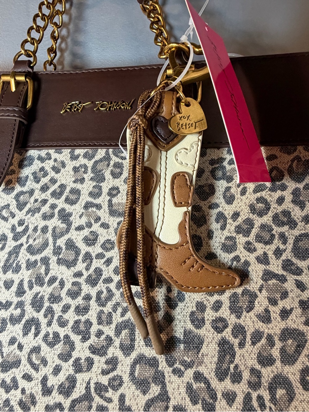 Betsey Johnson Brown & Leopard Print Tote with Gold Chain Handles - Picture 2 of 7